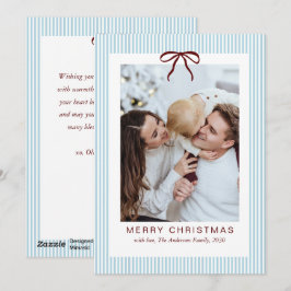 Tarjeta Festiva Classic Stripes Red Bow Merry Christmas Photo