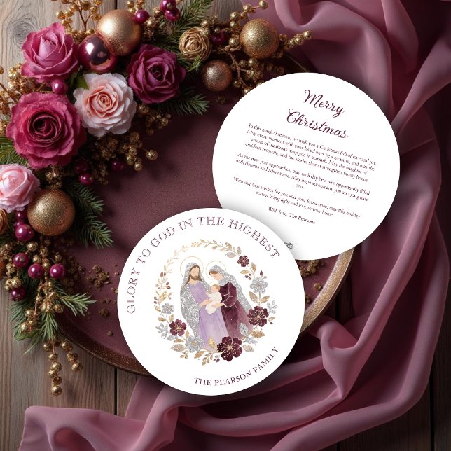Tarjeta Festiva Classy Deep Plum Glitter Holy Nativity Christmas (Classy Deep Plum Glitter Shades Holy Family Nativity Holiday Cards.)