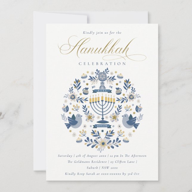 Tarjeta Festiva Classy Navy Blue Hanukkah Floral Party (Anverso)
