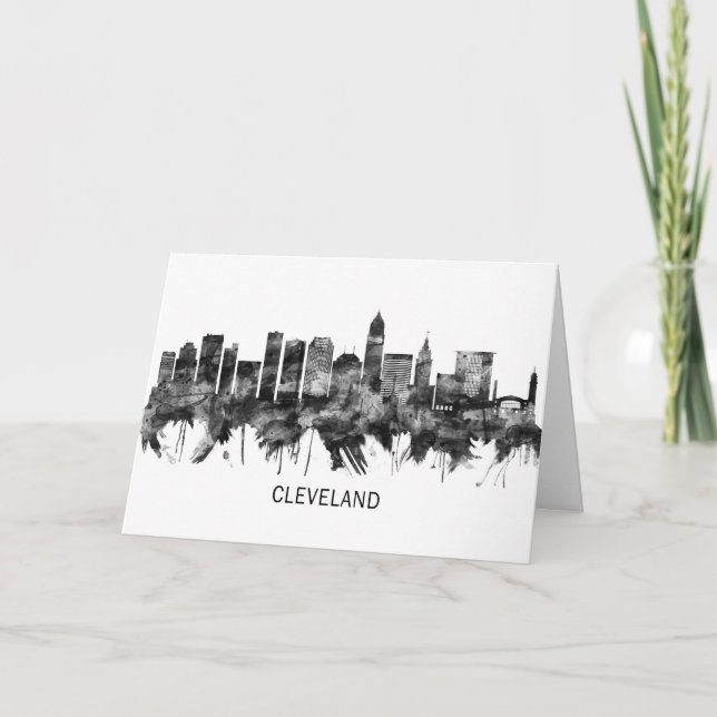 Tarjeta Festiva Cleveland Ohio Skyline BW (Anverso)