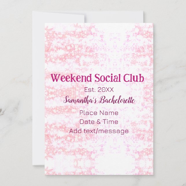Tarjeta Festiva club social de fin de semana rosa brillo despedida (Anverso)
