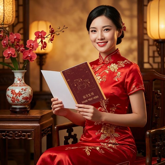 Tarjeta Festiva CNY 2026 Year of the Horse Elegant Red & Gold (Subido por el creador)