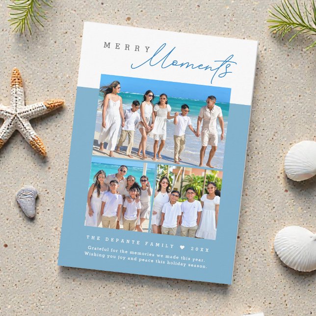 Tarjeta Festiva Coastal blue Merry Moments family Photo collage (Coastal blue and white Merry Moments family beach vacation Christmas card.)