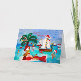 Tarjeta Festiva Coastal Christmas harbor parade Holiday cards.