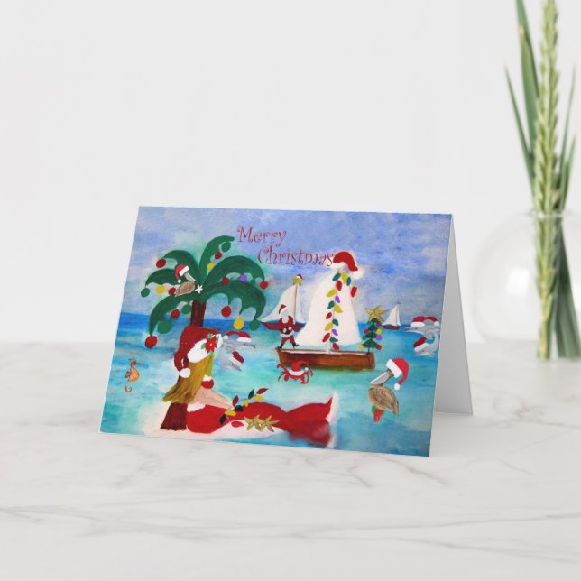 Tarjeta Festiva Coastal Christmas harbor parade Holiday cards. (Anverso)