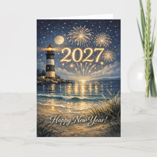 Tarjeta Festiva Coastal Lighthouse Fireworks Happy New Year 2027 (Anverso)