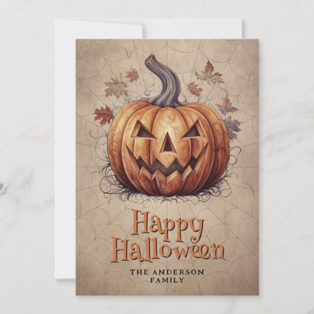 Tarjeta Festiva Cobweb Spooky Pumpkin Happy Halloween Card (Anverso)