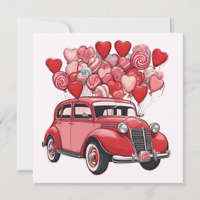 Tarjeta Festiva Coche antiguo con globos del Día de San Valentín  (Anverso)