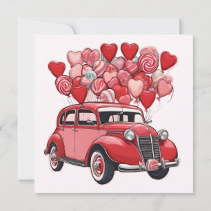 Tarjeta Festiva Coche antiguo con globos del Día de San Valentín
