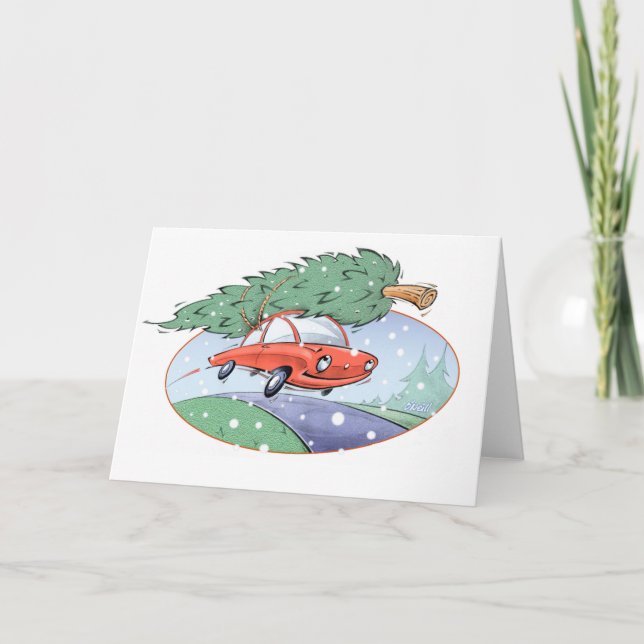 Tarjeta Festiva "Coche del árbol de navidad" - por Gerry O'Neill (Anverso)