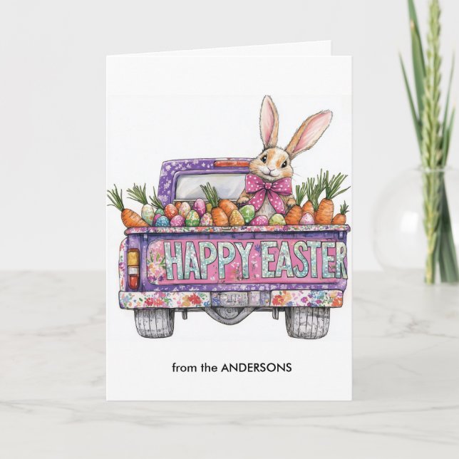 Tarjeta Festiva Coche lleno de huevos de Pascua y conejo (Anverso)