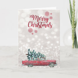 Tarjeta Festiva Coche Retro Pino, Bokeh Brillante