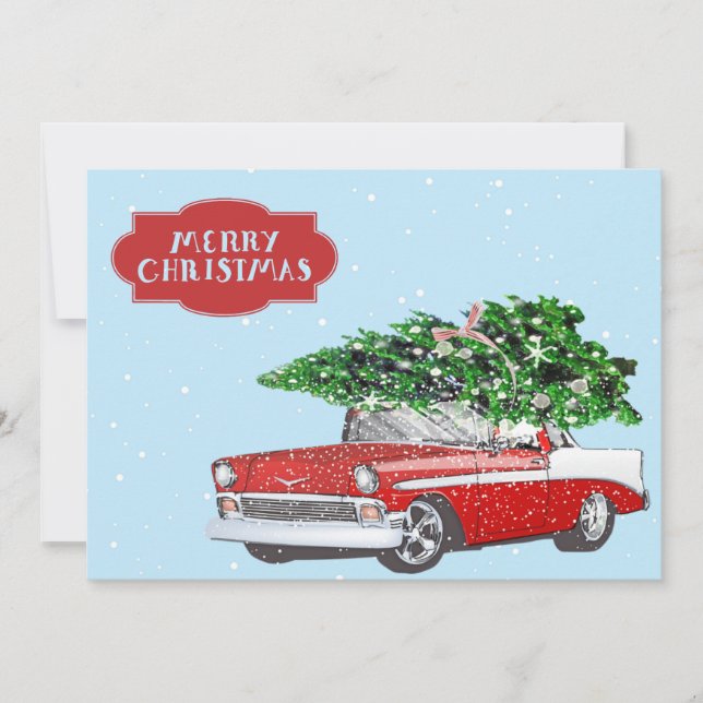 Tarjeta Festiva Coche rojo nostálgico y árbol de corte (Anverso)