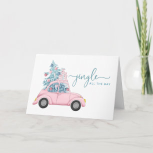 Tarjeta Festiva Coche Rosa Femenino y Caprichoso con Árbol de Navi