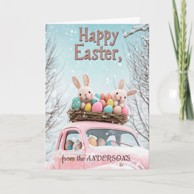 Tarjeta Festiva Coche y dos conejos llenos de huevos de Pascua (Anverso)