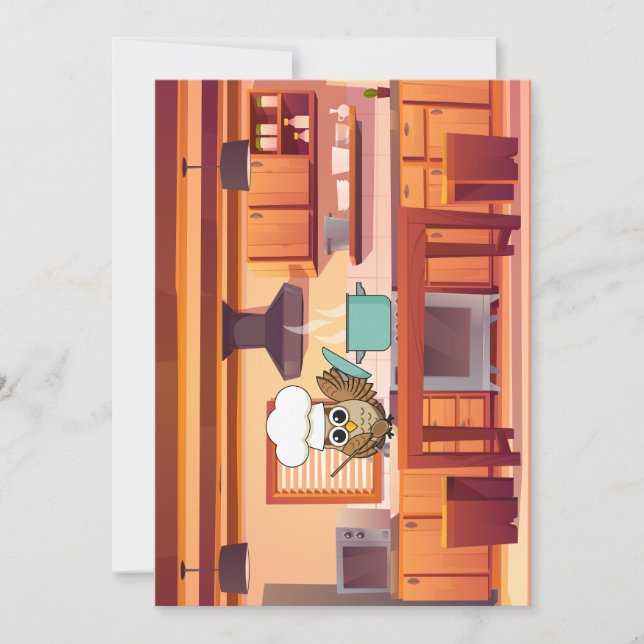 Tarjeta Festiva Cocina de lechuza chef en cocina (Anverso)