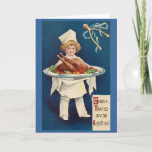 Tarjeta Festiva Cocinero con Turquía en el disco y Wishbone