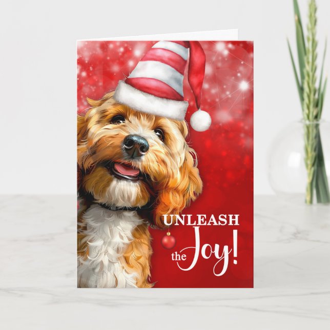 Tarjeta Festiva Cockapoo Dog Unleash the Joy Christmas (Anverso)