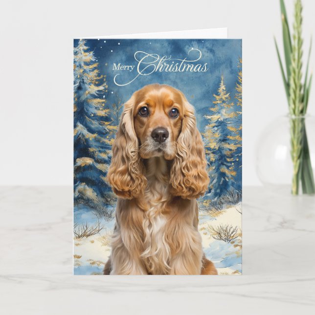 Tarjeta Festiva Cocker Spaniel Dog and Blue Winter Pine Forest (Anverso)