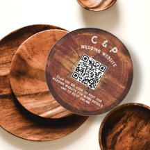 Código QR de madera rústica Boda Monograma redondo