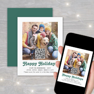 Tarjeta Festiva Código QR Retro Verde Felices Fiestas simples 1 Fo