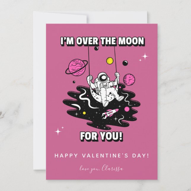 Tarjeta Festiva Cohete Día de San Valentín Astronauta Cósmico Rosa (Anverso)