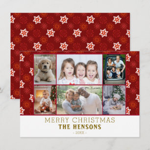 Tarjeta Festiva Colage de fotos de familia 6 Copos de nieve rojos