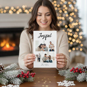 Tarjeta Festiva Colage de Fotos Familiares Rustic Merry Four Blanc