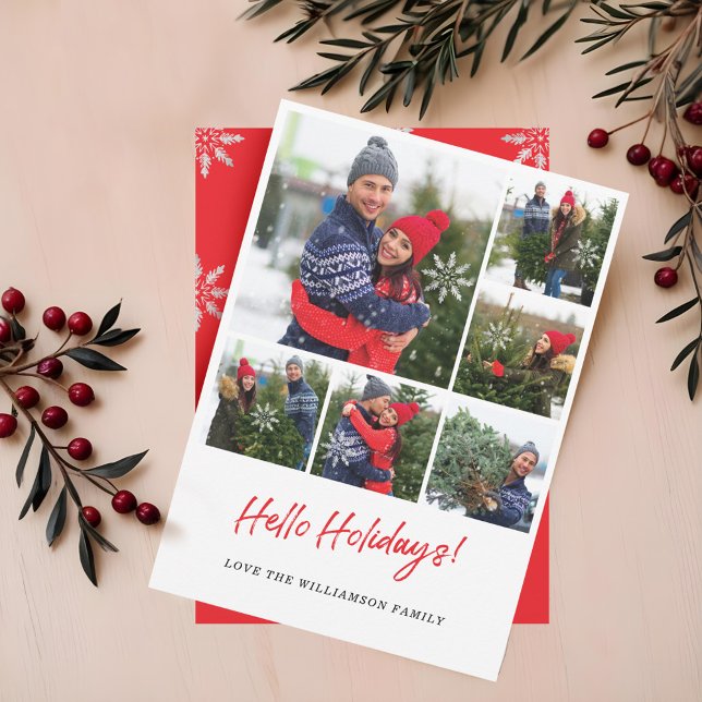 Tarjeta Festiva Colage de Fotos Moderno de Seis Copos de Nieve en  (Modern Snowflake Six Photo Collage Grid Photo Holiday Card)