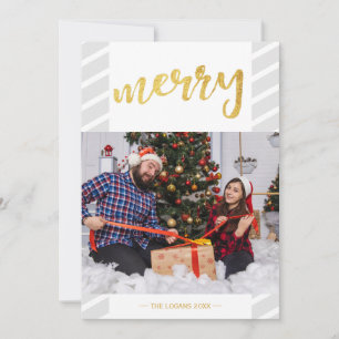 Tarjeta Festiva Colage de Fotos Navideñas Doradas Feliz con Rayas