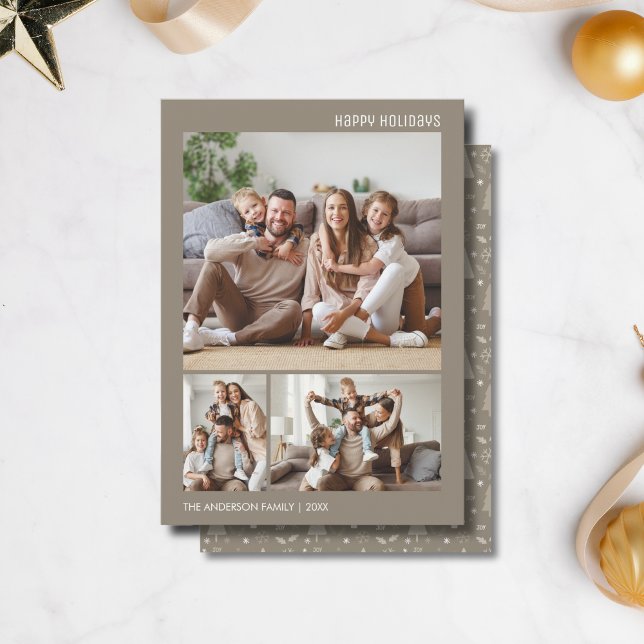 Tarjeta Festiva Colage de Fotos Navideñas Familia Beige (Christmas Photo Collage Family Taupe Holiday Card)