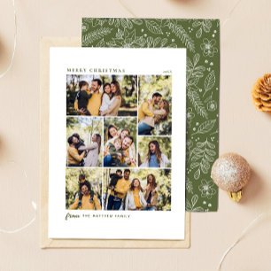Tarjeta Festiva Colage de Fotos Navideñas Familiares Botánico Verd