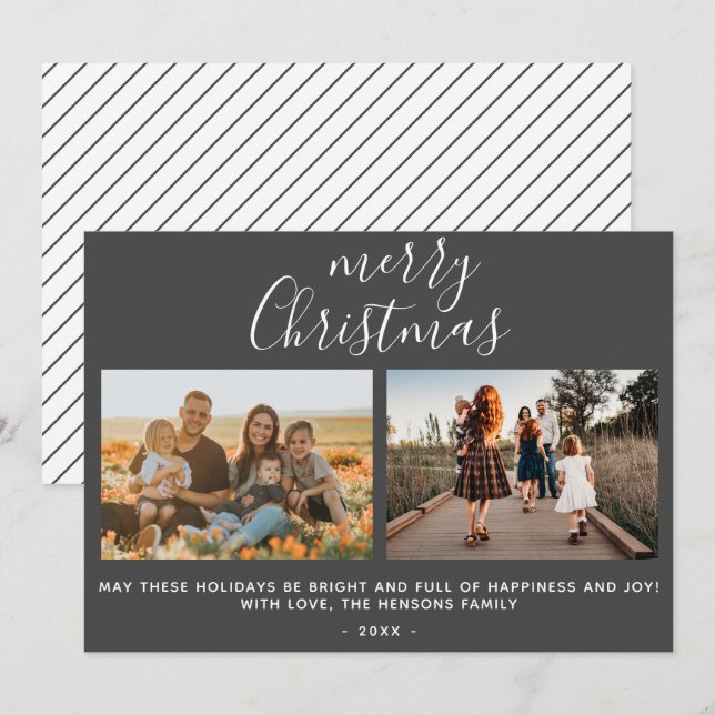 Tarjeta Festiva Colaje de foto familiar con guión gris Merry Chris (Anverso / Reverso)
