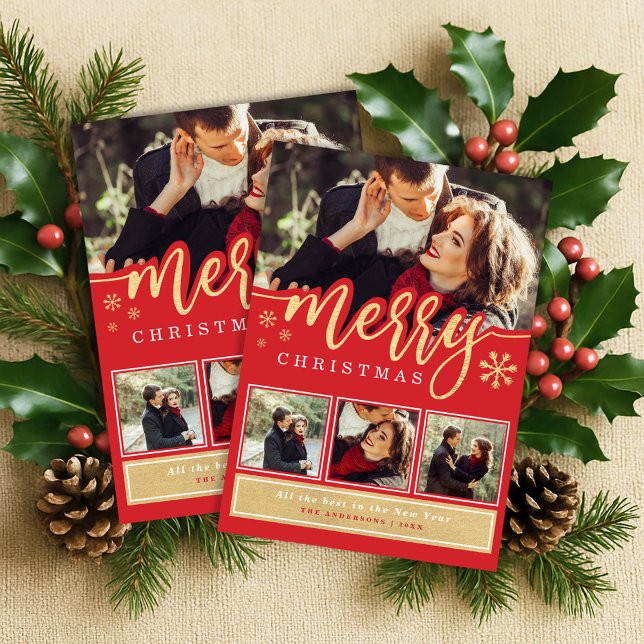 Tarjeta Festiva Colaje de fotos de copo de nieve dorado rojo Feliz (Subido por el creador)