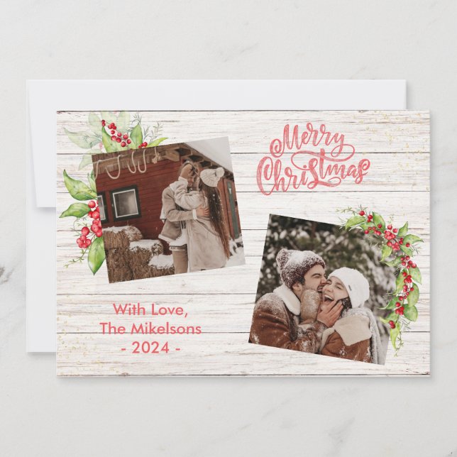 Tarjeta Festiva Colaje de fotos de madera azul de ramita de baya F (Anverso)