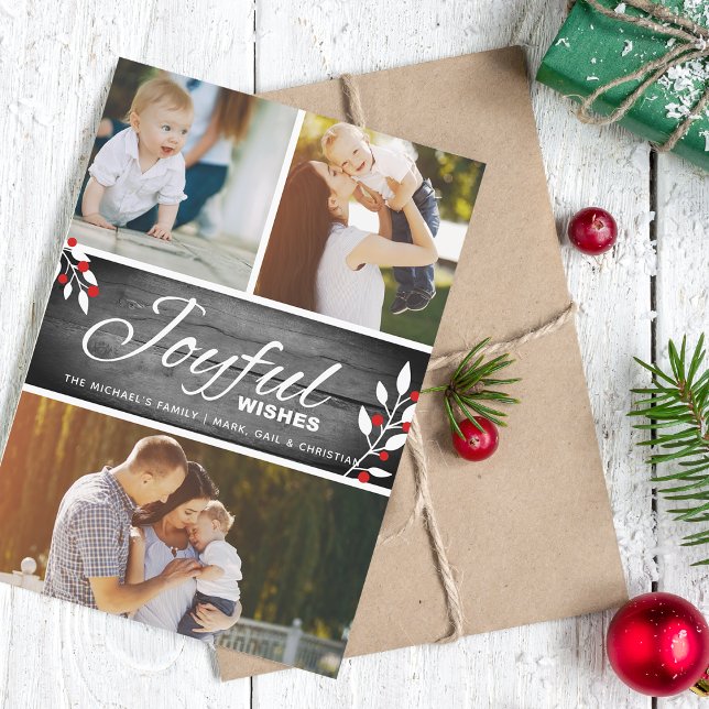 Tarjeta Festiva Colaje de Fotos Deseos Alegres Rústicos (Rustic Joyful Wishes Photo Collage Holiday Card)