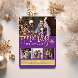 Tarjeta Festiva Colaje de Fotos Navideñas Trendy Purple Gold