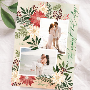 Tarjeta Festiva Colaje fotográfico botánico de poinsettia de Navid