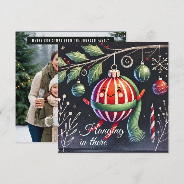 Tarjeta Festiva Colgando ahí Ornamento de rayas de árbol (Anverso / Reverso)