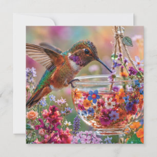 Tarjeta Festiva Colibrí bebiendo néctar de taza de té floral