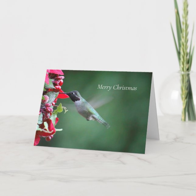 Tarjeta Festiva Colibrí en alimentador de Navidades (Anverso)