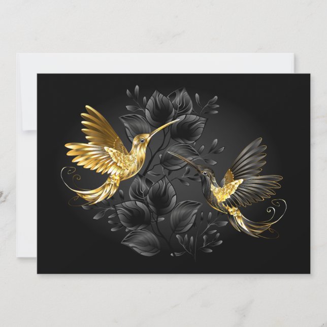 Tarjeta Festiva Colibrí negro y dorado (Anverso)