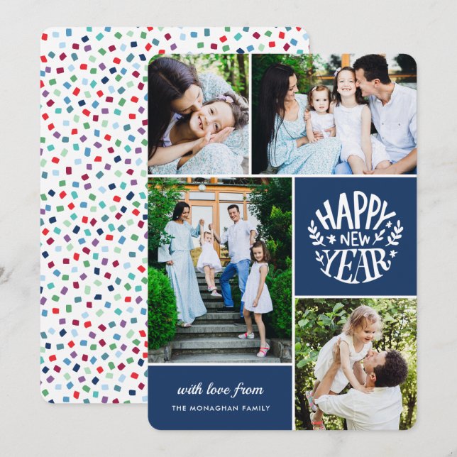 Tarjeta Festiva Collage 4 Photo New Year Card | Azul (Anverso / Reverso)