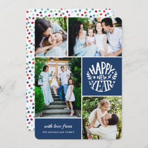 Tarjeta Festiva Collage 4 Photo New Year Card   Azul