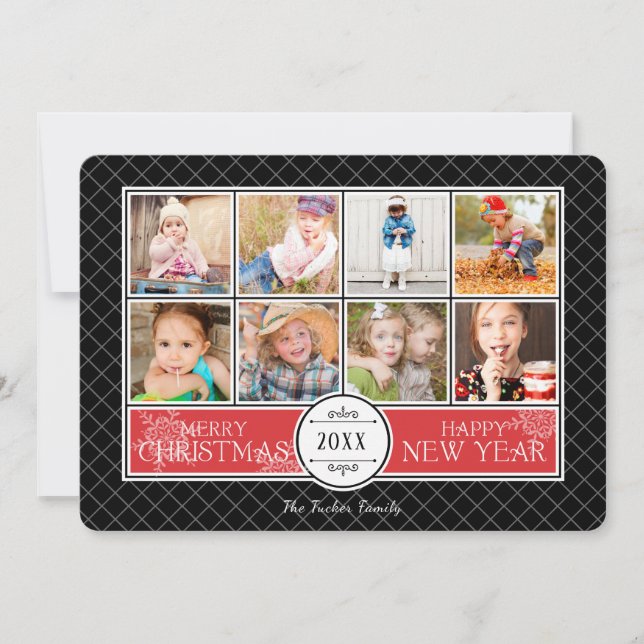 Tarjeta Festiva Collage Christmas Photo Card en rojo y negro (Anverso)