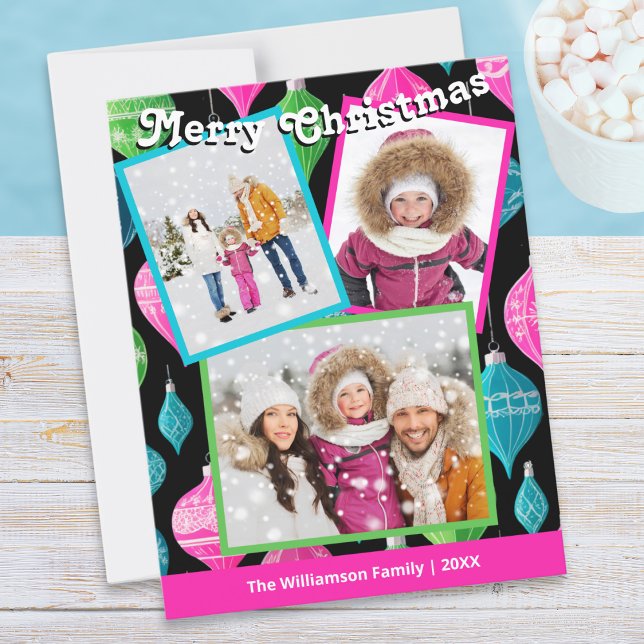 Tarjeta Festiva Collage de 3 Fotos Festivo Colorido (A bright holiday card, personalized with 3 photos, name and year, with Merry Christmas greeting)