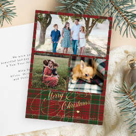 Tarjeta Festiva Collage de 3 fotos Merry Christmas script plaid