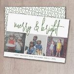 Tarjeta Festiva Collage de 3 Navidades de fotografía - Merry y Bri<br><div class="desc">DISEÑO FRONTAL: 3 fotos cuadradas y una gran fuente de guiones son los aspectos más destacados de este diseño de moda. Un estilo moderno para una tarjeta de fotos de vacaciones con un gran "alegre y brillante" en un original tipo de letra manuscrita en verde y blanco. El fondo es...</div>