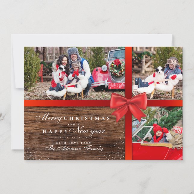 Tarjeta Festiva Collage de 3 Navidades de fotografía Rustic Wood & (Anverso)