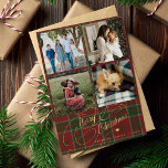 Tarjeta Festiva Collage de 4 fotos Merry Christmas script plaid<br><div class="desc">Elegante y elegante guión clásico de caligrafía de la Navidad de los merry cuatro fotos familiares cuadradas de la carta rústica de vacaciones de seta de manta verde rojo con el texto personalizado de su personalizado en ambos lados.</div>